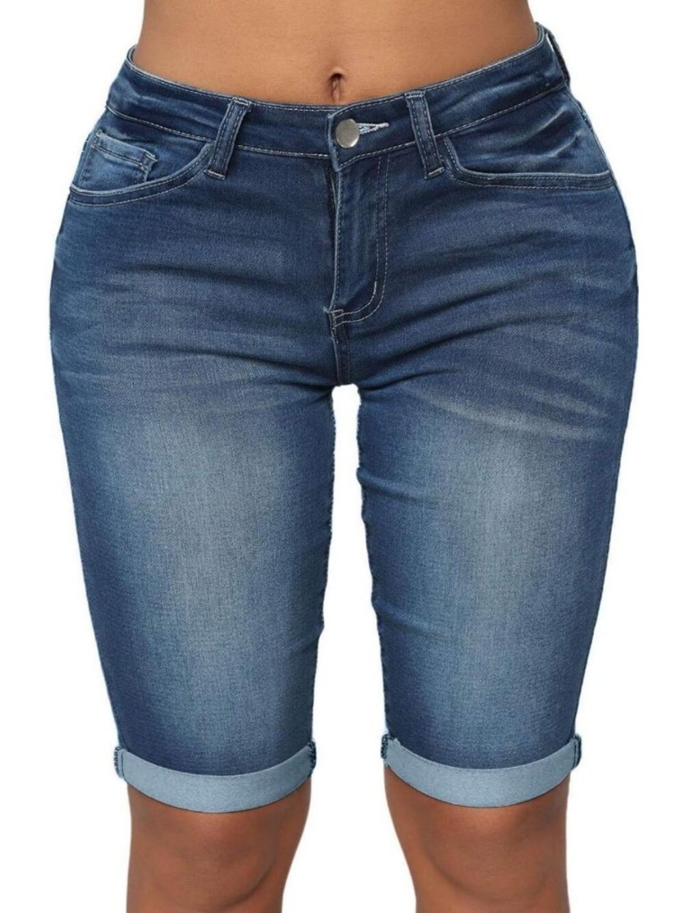 Mid Rise Roll Cuff Bermuda Stretch Denim Jean Shorts for Women - Casual Summer